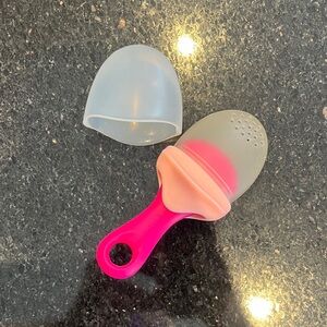 Silicone Baby Food Feeder with Pink Handle and Peach Nipple - Safe Self-Feeding